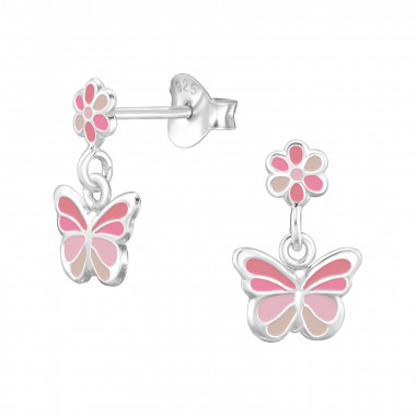 Flower And Butterfly - 925 Sterling Silver Kids Ear Studs SD47834