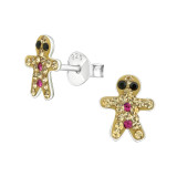 Gingerbread Man - 925 Sterling Silver Kids Ear Studs with Crystal SD25104