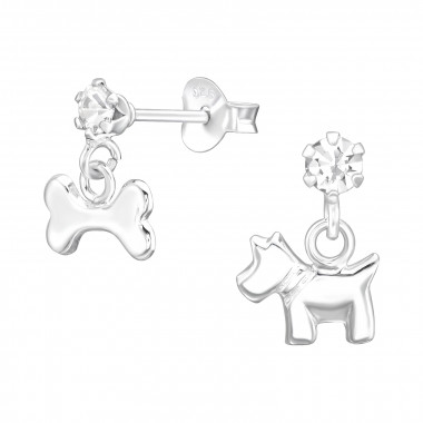 Hanging Bone And Dog - 925 Sterling Silver Kids Ear Studs with Crystal SD41593