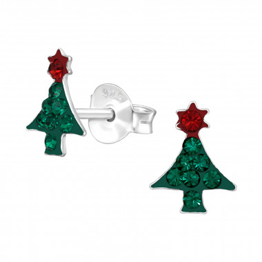 Christmas Tree - 925 Sterling Silver Kids Ear Studs with Crystal SD42424