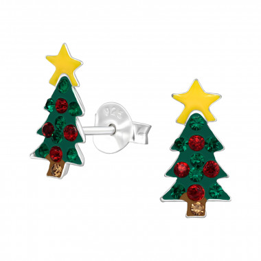 Christmas Tree - 925 Sterling Silver Kids Ear Studs with Crystal SD42428