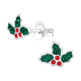 Holly Leaf - 925 Sterling Silver Kids Ear Studs with Crystal SD42776