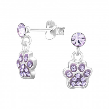 Dangling Paw Print - 925 Sterling Silver Kids Ear Studs with Crystal SD45271