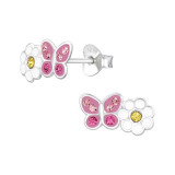 Butterfly And Daisy - 925 Sterling Silver Kids Ear Studs with Crystal SD47898