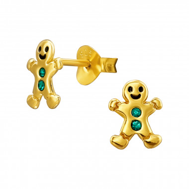 Gingerbread Man - 925 Sterling Silver Kids Ear Studs with Crystal SD49167