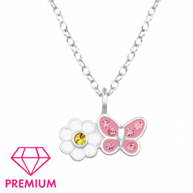 Daisy Flower With Butterfly - 925 Sterling Silver Kids Necklaces SD48773