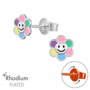 Flower Smiley - 925 Sterling Silver Screw Back Ear Studs SD49338