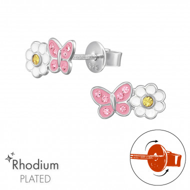 Daisy Flower With Butterfly - 925 Sterling Silver Screw Back Ear Studs SD49350