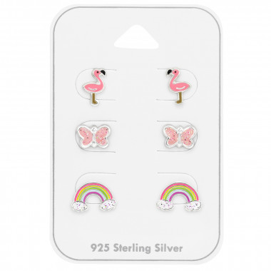 Flamingo, Butterfly And Rainbow - 925 Sterling Silver Kids Jewelry Sets SD48996