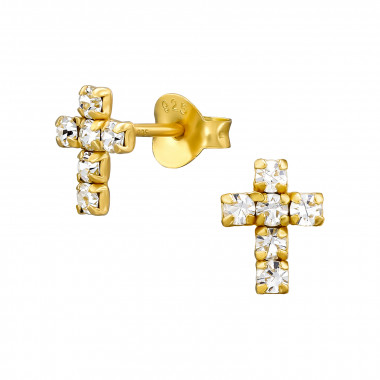 Cross - 925 Sterling Silver Stud Earrings with Crystals SD35202