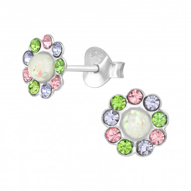 Flower - 925 Sterling Silver Stud Earrings with Crystals SD39632