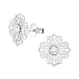 Flower Filigree - 925 Sterling Silver Stud Earrings with Crystals SD40007