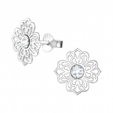 Flower Filigree - 925 Sterling Silver Stud Earrings with Crystals SD40007