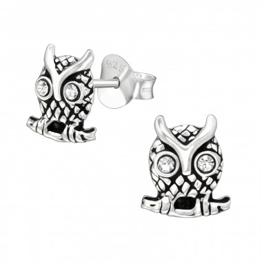 Owl - 925 Sterling Silver Stud Earrings with Crystals SD40501