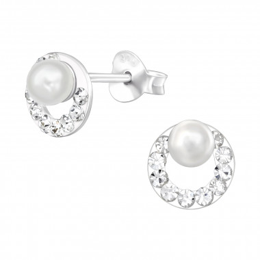 Round - 925 Sterling Silver Stud Earrings with Crystals SD41081