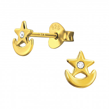 Moon And Star - 925 Sterling Silver Stud Earrings with Crystals SD44648