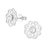 Laser Cut Flower Filigree - 925 Sterling Silver Stud Earrings with Crystals SD45696