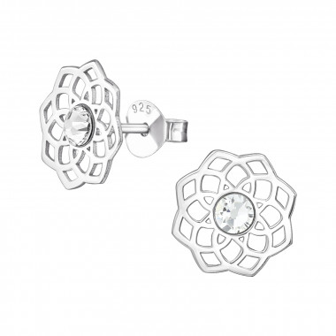 Laser Cut Flower Filigree - 925 Sterling Silver Stud Earrings with Crystals SD45696