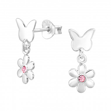 ฺButterfly And Flower - 925 Sterling Silver Stud Earrings with Crystals SD46895