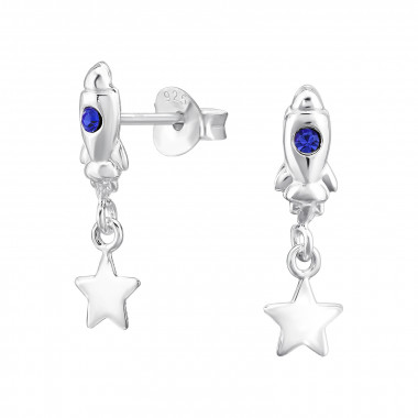 Rocket And Star - 925 Sterling Silver Stud Earrings with Crystals SD46897