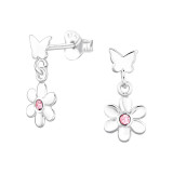 Butterfly With Flower - 925 Sterling Silver Stud Earrings with Crystals SD48016