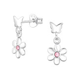 Butterfly With Flower - 925 Sterling Silver Stud Earrings with Crystals SD48016