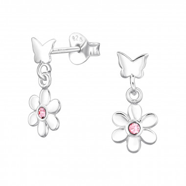 Butterfly With Flower - 925 Sterling Silver Stud Earrings with Crystals SD48016