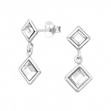 Square - 925 Sterling Silver Stud Earrings with Crystals SD48023