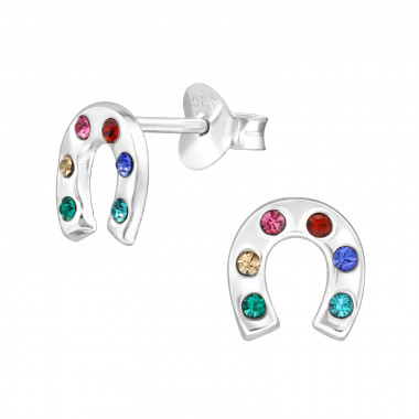 Horseshoe - 925 Sterling Silver Stud Earrings with Crystals SD48788