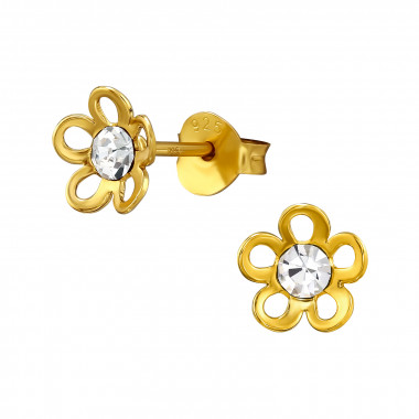 Flower - 925 Sterling Silver Stud Earrings with Crystals SD49250