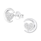 Moon & Heart - 925 Sterling Silver Stud Earrings with CZ SD38840