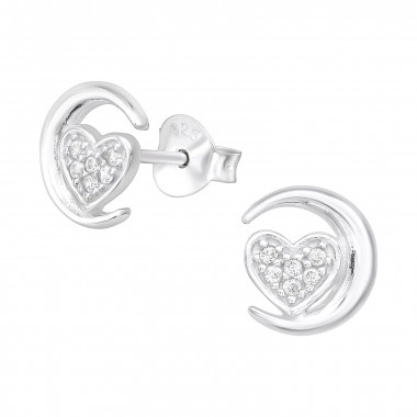 Moon & Heart - 925 Sterling Silver Stud Earrings with CZ SD38840