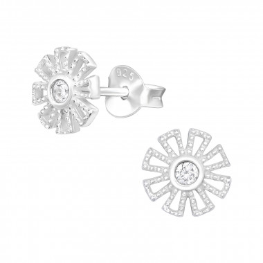 Flower - 925 Sterling Silver Stud Earrings with CZ SD40492