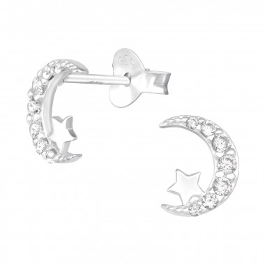 Moon And Star - 925 Sterling Silver Stud Earrings with CZ SD40551