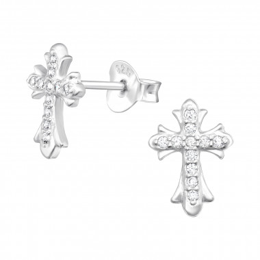 Cross - 925 Sterling Silver Stud Earrings with CZ SD41286