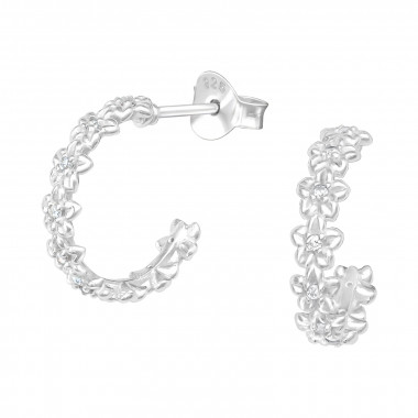 Flower Half Hoop - 925 Sterling Silver Stud Earrings with CZ SD41308