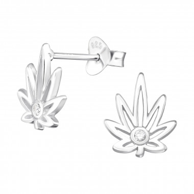 Cannabis Leaf - 925 Sterling Silver Stud Earrings with CZ SD41335