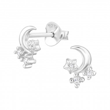 Moon And Stars - 925 Sterling Silver Stud Earrings with CZ SD48298