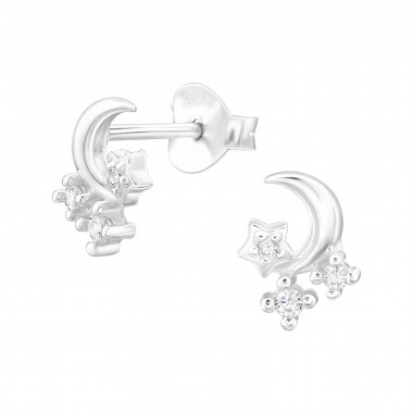 Moon And Stars - 925 Sterling Silver Stud Earrings with CZ SD48298