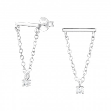 Bar And Hanging Chain - 925 Sterling Silver Stud Earrings with CZ SD48347