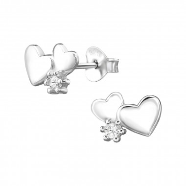 Double Heart - 925 Sterling Silver Stud Earrings with CZ SD48654