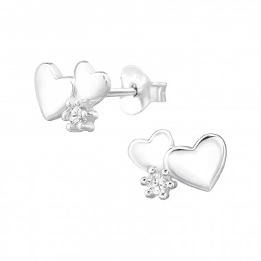 Double Heart - 925 Sterling Silver Stud Earrings with CZ SD48654