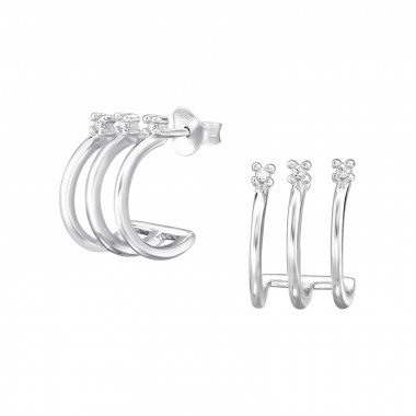 Triple Half Hoop - 925 Sterling Silver Stud Earrings with CZ SD49169