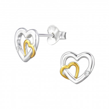 Double Hearts - 925 Sterling Silver Stud Earrings with CZ SD49195