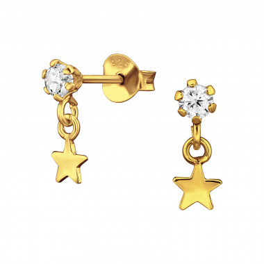 Round 3mm And Dangling Star - 925 Sterling Silver Stud Earrings with CZ SD49385