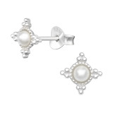 Geometric - 925 Sterling Silver Pearl Stud Earrings SD40486