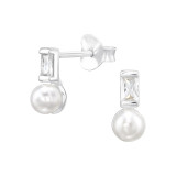 Baguette And Round - 925 Sterling Silver Pearl Stud Earrings SD48397