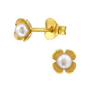 Flower - 925 Sterling Silver Pearl Stud Earrings SD48538