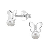 Butterfly - 925 Sterling Silver Pearl Stud Earrings SD49191