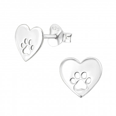 Heart And Paw Print - 925 Sterling Silver Simple Stud Earrings SD44721